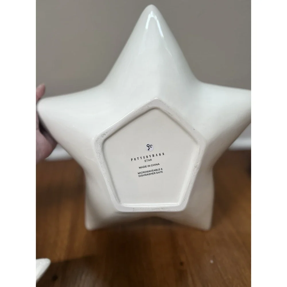 Pottery Barn Star Serving Bowl Dish White Rustic Trim Ceramic Stackable Set 2
